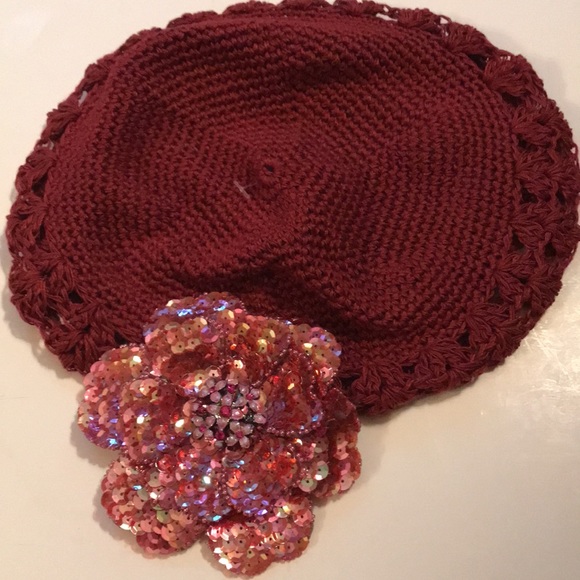 Child’s Raspberry crochet cotton beret with beautiful sequin embellishment - Picture 3 of 4